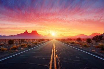 Endless Highway Stretching Towards Distant Mountains at Sunrise