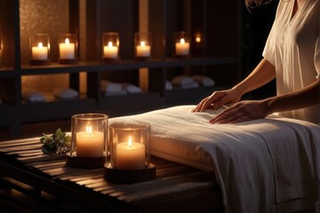 Fototapeta premium Spa Setting with Lit Candles and Flowers