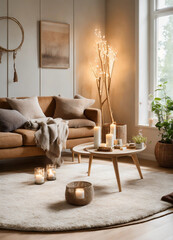 A well-lit living room with large windows allowing natural light to enter. furniture in soft tones