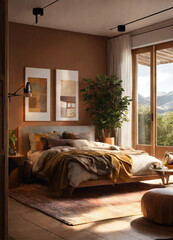 An interior design bedroom with a cosy atmosphere trending the architect debora aguiar. there is sunlight coming into the room