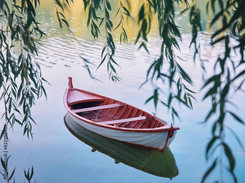 Canvas Prints In the green willow tree, there is an ancient wooden boat on the calm lake surface. 