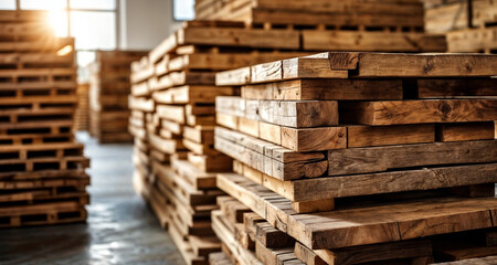 A warehouse filled with wooden planks and pallets stacked high