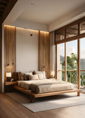 Ultra realistic photo of modern take on bali inspired low ceiling small apartment white cream stone