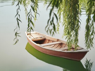 In the green willow tree, there is an ancient wooden boat on the calm lake surface. 