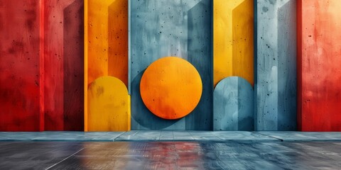 A painting of a yellow circle contrasts with a red and blue wall