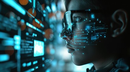 Overlay of a coder and futuristic digital interfaces, symbolizing innovation and cutting-edge technology.