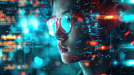 Overlay of a coder and futuristic digital interfaces, symbolizing innovation and cutting-edge technology.