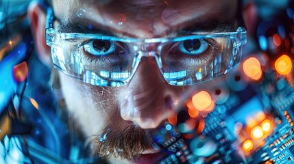 Overlay of a software developer and computer hardware components, illustrating the synergy of hardware and software.