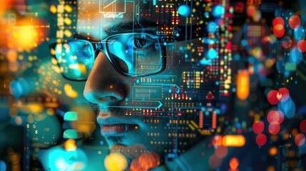 Overlay of a software developer and computer hardware components, illustrating the synergy of hardware and software.