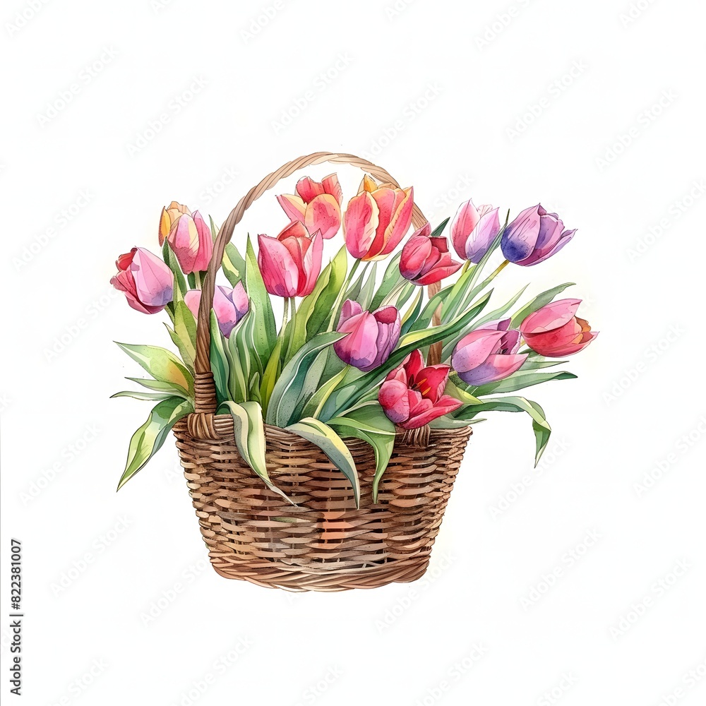 Poster a basket of colorful tulips is the main focus of the image. the tulips are arranged in a way that cr