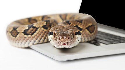 Obraz premium Snake using laptop on white background in studio.