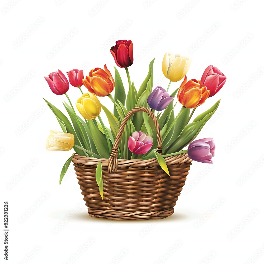Poster a basket of colorful tulips is the main focus of the image. the tulips are arranged in a way that cr