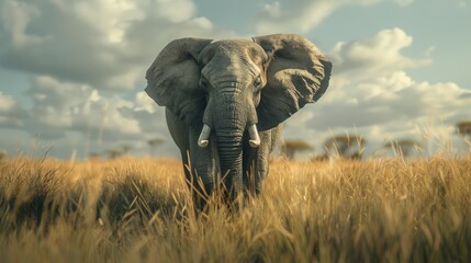 Fototapeta premium Powerful male elephant standing tall in the grasslands, exuding strength and dignity.