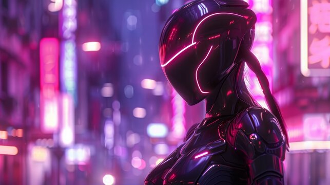 Futuristic Female Figure in Metallic Suit in Neon-Lit Cyberpunk Cityscape - Advanced Technology and Style