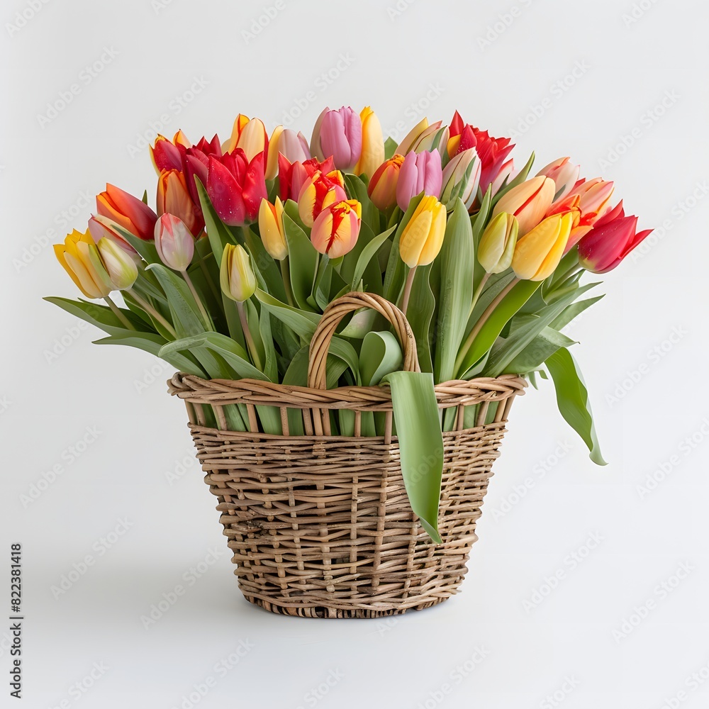 Poster a basket of colorful tulips is the main focus of the image. the tulips are arranged in a way that cr