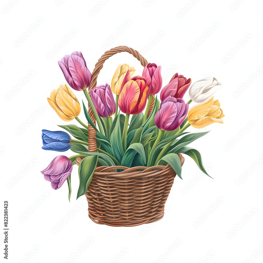 Poster a basket of colorful tulips is the main focus of the image. the tulips are arranged in a way that cr