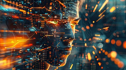 Programmer superimposed with a digital circuit board, symbolizing proficiency in software development and hardware integration.