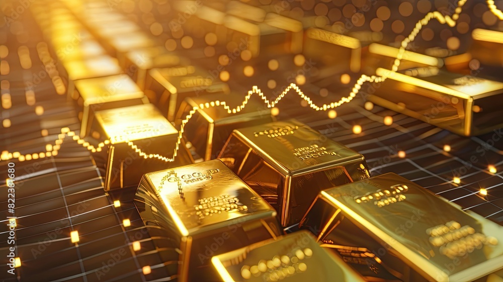 Poster rising graph intersecting with gold bars, visualizing increasing value and lucrative returns.