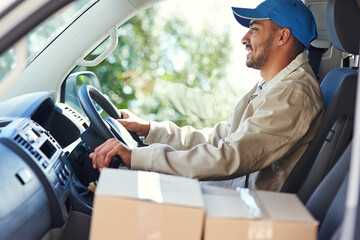 Man, driver and delivery van for transport, logistics and packages in car for shipping or cargo....