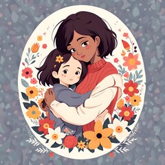 Mother's Day greeting card. Mother and daughter hug each other warmly. Many options, many flowers. Copy space. Illustration vector. Generative AI