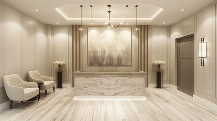 Chic Urban Day Spa Reception with Minimalist Décor and Calming Neutral Color Palette - Ideal for...