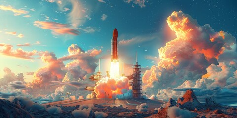 An artists illustration of a rocket blasting off into the atmosphere amidst billowing clouds of smoke and fire