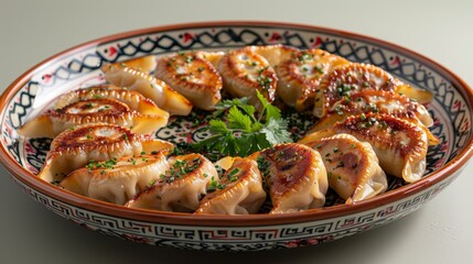 food presentation, display gyoza dumplings on a fancy platter for a visually appealing and unique presentation of this tasty asian treat