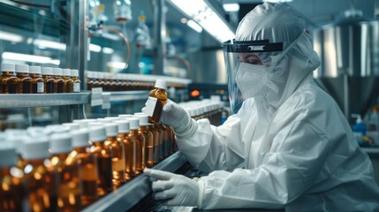A laboratory technician in protective gear meticulously inspects a production line of medical vials, ensuring quality control in a pharmaceutical facility
