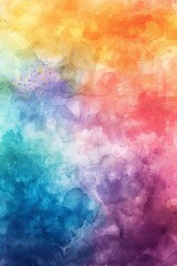 An artistic watercolor scene celebrating Pride Day, with a vibrant rainbow sky, fluid color transitions, and abstract cloud shapes