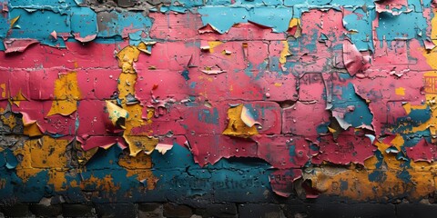 Fototapeta premium A wall covered in various paint splatters, creating an abstract and textured appearance