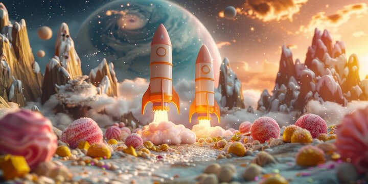 A painting depicting a rocket propelling upwards into space with fiery exhaust behind it