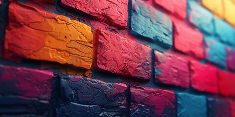 Detailed close up of a vibrant and colorful brick wall with various shades and patterns