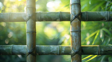 Close-up of bamboo fence with sunlight and green foliage.