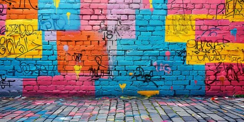 A colorful brick wall covered in various graffiti tags and artworks