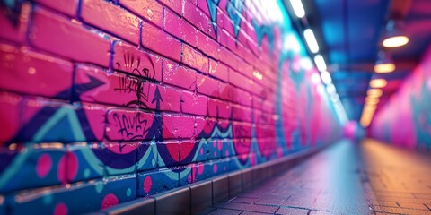 A pink and blue wall covered in colorful graffiti art