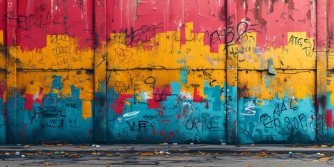 Naklejka premium A man in casual attire strolls down a street lined with a vibrant wall covered in graffiti art