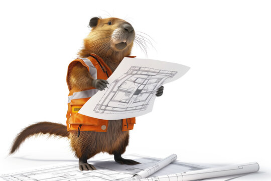 Construction worker beaver with a design plan