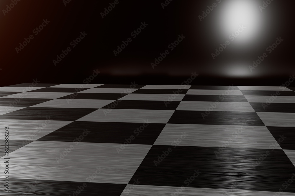 Poster checkerboard pattern with reflective surface under a spotlight.3d rendering