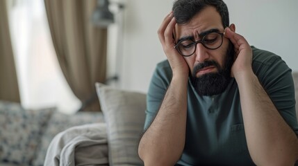 Obraz premium Arab man with a beard and glasses, sitting on a sofa in his living room, looking sick and upset