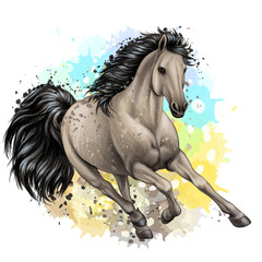Graphic, color image of a running horse in watercolor style on a white background.