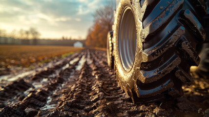 Fototapeta premium Close-up of a muddy tractor wheel on a plowed field.