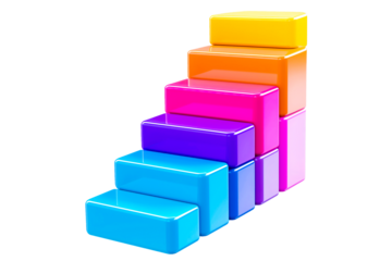 Vibrant stepped blocks arranged in ascending order, isolated on a white background, perfect for visualizing growth, progress, or educational concepts.