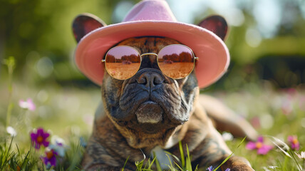Dog wearing pink hat and sunglasses in a flower-filled field.