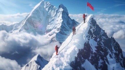 Extraordinary achievement concept with team of climbers reaching their goal of setting the flag on the mountain top