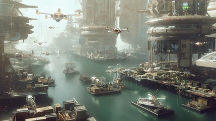 A bustling marketplace where AI-powered drones deliver goods to floating platforms, against a...