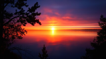 A breathtaking sunrise over a tranquil lake, with vibrant hues of orange and pink reflecting off the calm waters, framed by silhouettes of trees in the foreground. 32k, full ultra HD, high resolution