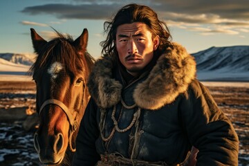Majestic mongolian horseman in traditional attire riding horse at sunset in the golden hour on the steppe, showcasing the cultural portrait of a nomadic lifestyle