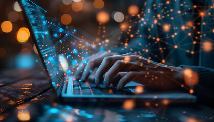 software engineer using a laptop with a futuristic overlay of global network connections and binary code, illustrating the concept of advanced internet technology and digital system support