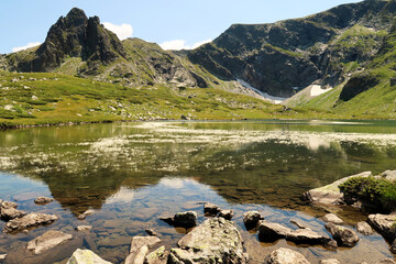 The mountains reflecting on the water of the Fish Lake, Ribnoto Ezero, one of the Seven Rila Lakes, white flowers, blossoms of water plants in the water, Rila National Park, close to Sofia, Bulgaria