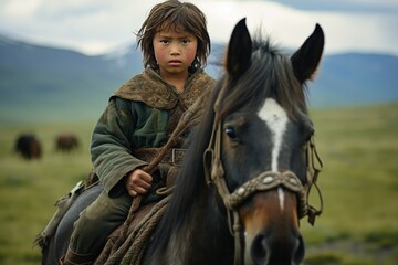 Fototapeta premium Pensive child rides a horse across expansive, natural landscapes, expressing a deep connection with nature
